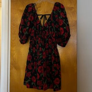 Old Navy Black and Red Floral Puff Sleeved mini Dress